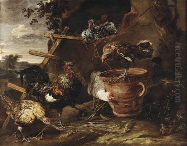 Chickens And A Cockerel In A Farmyard Oil Painting by Jan Fyt