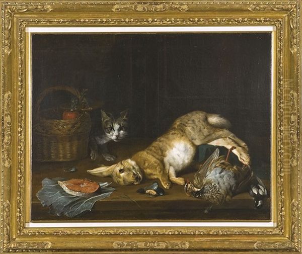 Natura Morta Con Lepre, Volatili, Trancio Di Salmone E Un Gatto Oil Painting by Jan Fyt