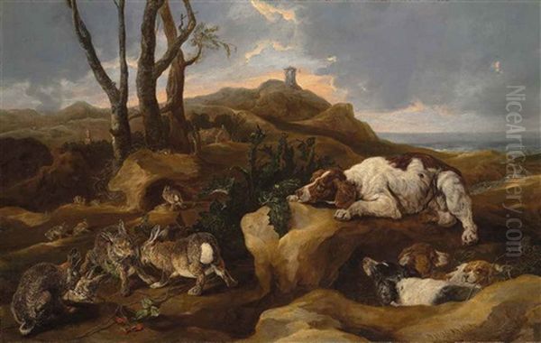 Spaniels Stalking Hares Among Dunes, In A Coastal Landscape Oil Painting by Jan Fyt