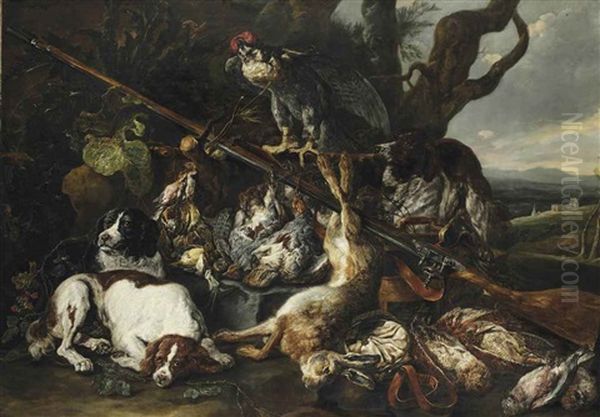 A Hunting Still Life Of A Hare, Partridges, Snipes And Other Birds, Together With Three Spaniels, A Hooded Falcon, A Rifle And A Game-bag And Belt In A Hilly Landscape Oil Painting by Jan Fyt