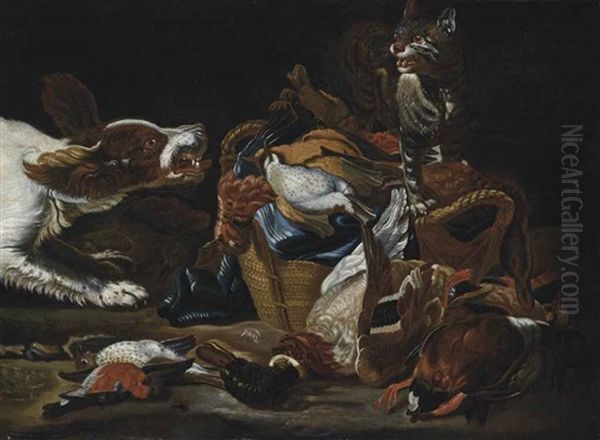 A Mallard, A Bullfinch, Partridges And Other Birds In A Wicker Basket, With A Spaniel And A Cat Fighting Oil Painting by Jan Fyt