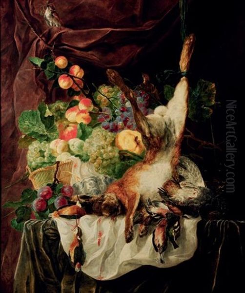 Gibier A Poil Et A Plumes Avec Une Corbeille De Fruits Sur Un Entablement Oil Painting by Jan Fyt