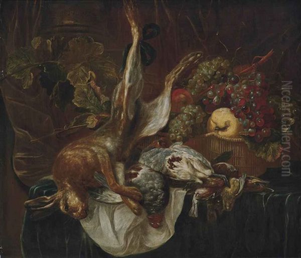 A Hare, Partridges And Songbirds On A Draped Table With Grapes, A Quince And A Peach In A Woven Basket Oil Painting by Jan Fyt