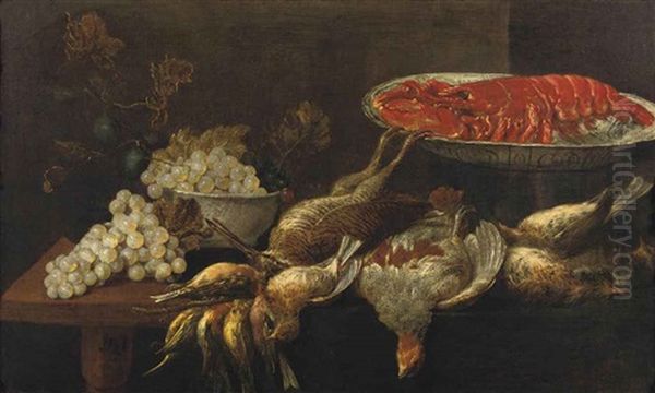 A Lobster On A Porcelain Plate, Grapes And Plums In A Porcelain Bowl With Partridges, Bullfinches And Other Birds, All On A Wooden Table Oil Painting by Jan Fyt