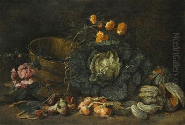 Still Life With Onions, Figs, Cucumbers, A Cabbage, And Some Flowers Arranged On The Floor Next To A Wooden Tub Oil Painting by Jan Fyt