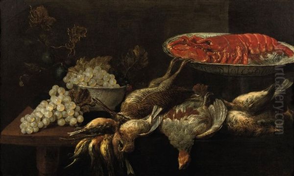 A Lobster On A Porcelain Plate, Grapes And Plums In A Porcelain Bowl With Partridges, Bullfinches And Other Birds, All On A Wooden Table Oil Painting by Jan Fyt