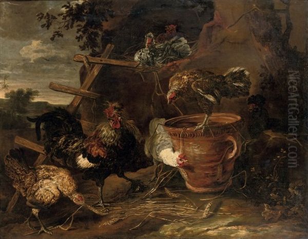 Chickens And A Cockerel In A Farmyard Oil Painting by Jan Fyt