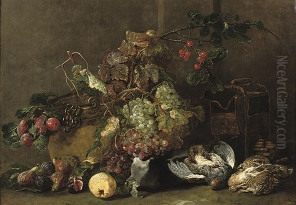 Mixed Grapes, Cherries And Plums By A Cauldron Oil Painting by Jan Fyt