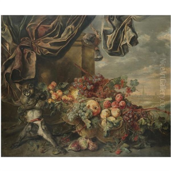 A Still Life With Grapes And Peaches In Baskets Together With A Monkey Oil Painting by Jan Fyt