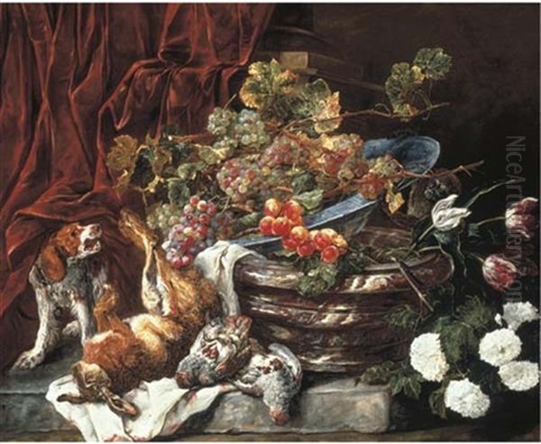 Grapes And Apricots In A Porcelain Bowl On A Marble Pot With Flowers Oil Painting by Jan Fyt