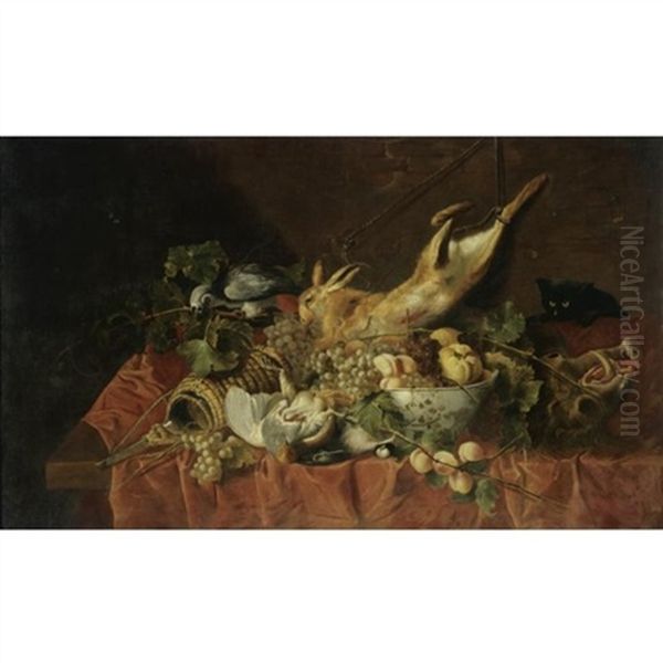 A Still Life With A Hare, A Partridge, A Bowl Of Fruit, A Boar's Head, A Flagon Of Wine, A Black Cat And A Grey Parrot, All Arranged On A Table Draped With A Red Cloth Oil Painting by Jan Fyt