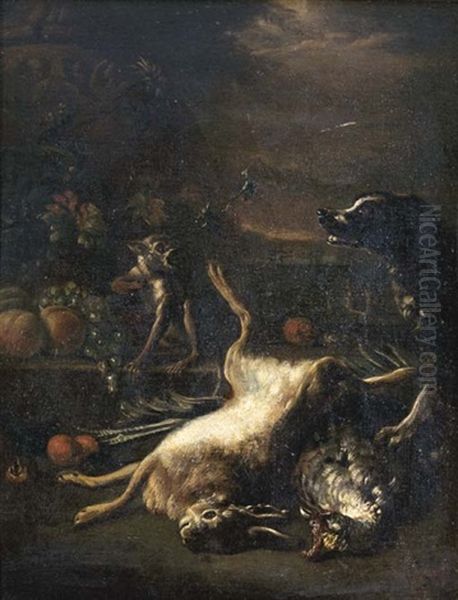 Untitled (still Life With Hound, Rabbit And Monkey) Oil Painting by Jan Fyt