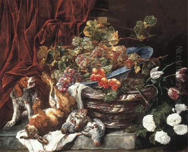 Grapes And Apricots In A Porcelain Bowl On A Marble Pot With Flowers, Dead Partridges, A Hare, And A Spaniel Barking At A Monkey... Oil Painting by Jan Fyt