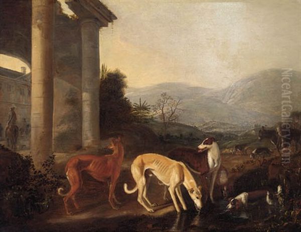 Dogs Drinking In An Extensive Landscape, With A Classical Building Beyond Oil Painting by Jan Fyt