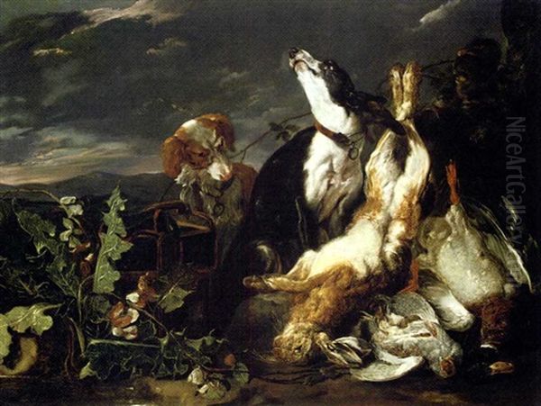 A Hunting Still-life With A Partridge, A Mallard, A Hare And A Spaniel And Another Dog In A Landscape Beyond Oil Painting by Jan Fyt