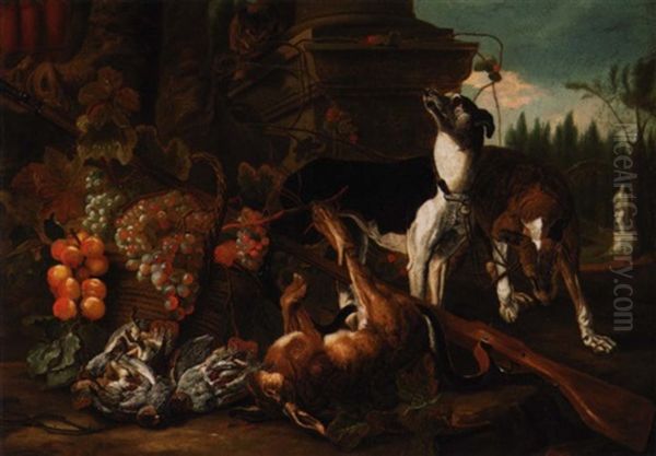 A Still Life Of Two Greyhounds, A Hare, A Cat And Partridges Together With A Musket And Baskets Of Fruit, In A Parkland Setting Oil Painting by Jan Fyt