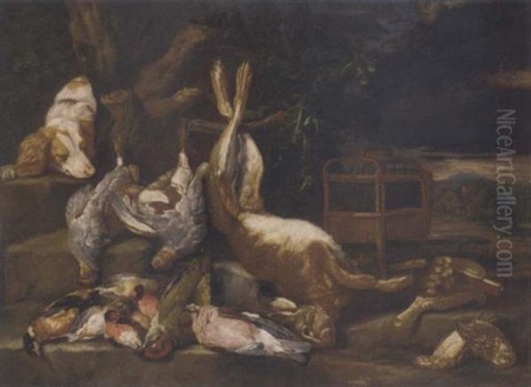 A Hunting Still Life Of A Hare, Partridges, Jays, Songbirds And Other Birds In A Wooded Landscape Oil Painting by Jan Fyt