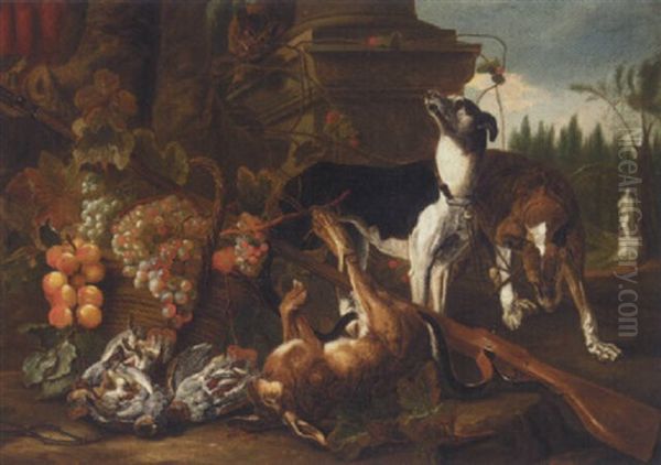 A Still Life With Two Greyhounds, A Hare, A Cat, Partridges, Together With A Musket And Baskets Of Fruit, In A Parkland Setting Oil Painting by Jan Fyt