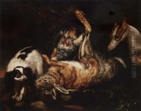 Still Life Of Game With A King Charles Spaniel And A Greyhound Oil Painting by Jan Fyt