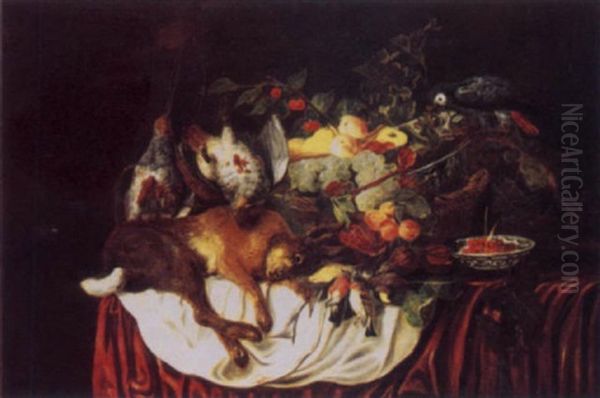 A Basket Of Fruit And A Blue Parakeet, With Dead Partridges, A Hare And Songbirds On A Draped Table With Cherries In A Porcelain Bowl Oil Painting by Jan Fyt