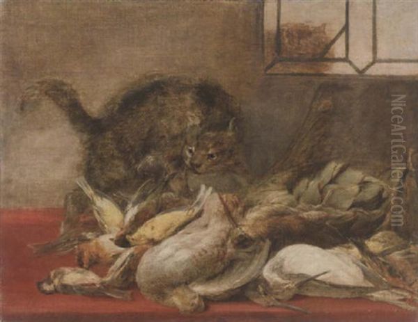 A Cat With Dead Game Birds And An Artichoke On A Table Draped With A Red Cloth, With A Cat Seen Through A Window Above by Jan Fyt