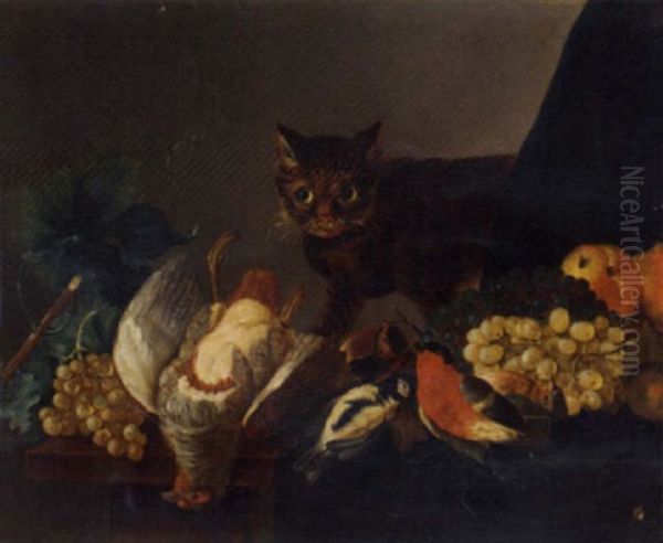 A Dead Partridge, A Bullfinch, A Great Tit And Other Birds, With Grapes On The Vine, Peaches And Figs, On A Partly Draped Table With A Cat Oil Painting by Jan Fyt