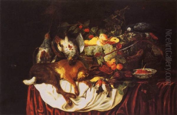 A Basket Of Fruit And A Blue Parakeet With Dead Partridges, A Hare And Songbirds On A Table With Cherries In A Bowl Oil Painting by Jan Fyt