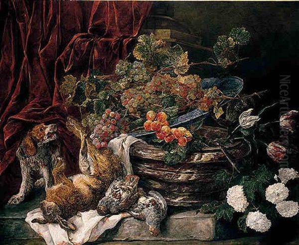 A Still Life Of Flowers, Fruit And Game With A Dog And A Monkey Oil Painting by Jan Fyt