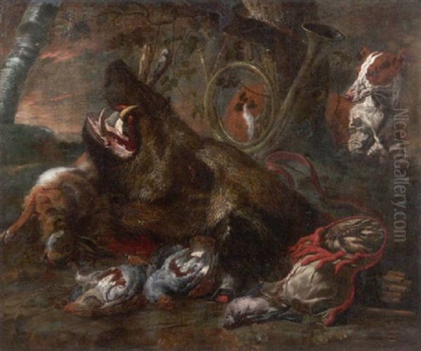 Jagdstilleben. Ein Wildschweinkopf, Zwei Rebhuhner Sowie Ein Erlegter Hase Und Ein Buntspecht Oil Painting by Jan Fyt