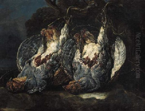 Dead Partridges Suspended From Ropes On A Tree In The Forest Oil Painting by Jan Fyt