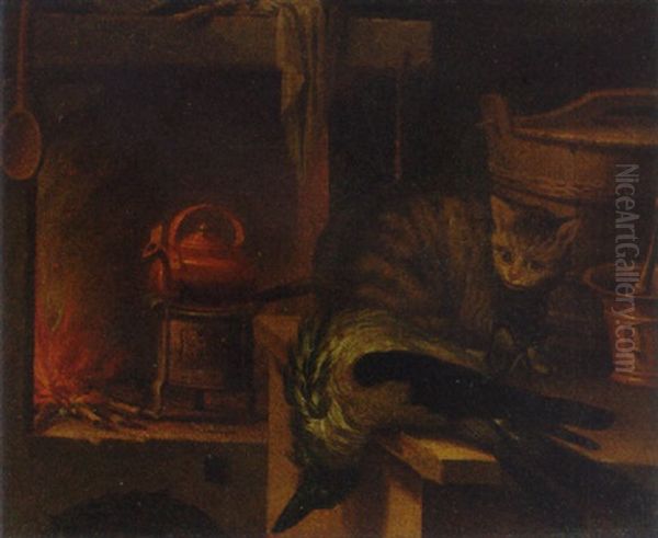 A Kitchen Still Life With A Cat And A Maggie Oil Painting by Jan Fyt