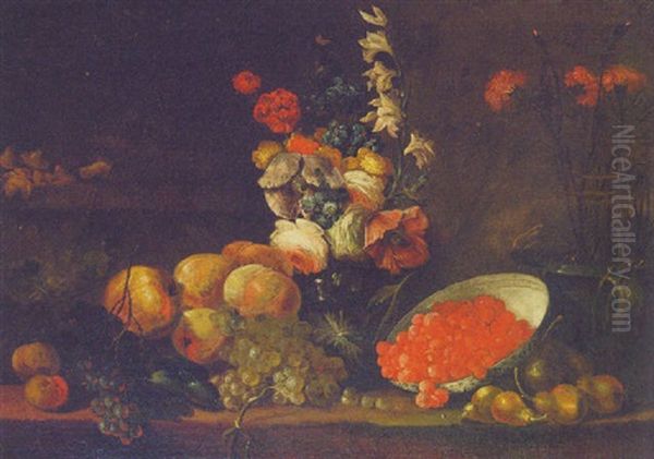 Apples, Grapes, Pears, A Blue And White Bowl With Raspberries And A Vase Of Flowers On A Ledge Oil Painting by Jan Fyt