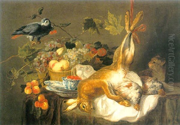 A Still Life Of A Hare, Pheasants, Grapes And Other Fruit In Baskets And Chinese Earthware, A Parrot And A Cat Oil Painting by Jan Fyt