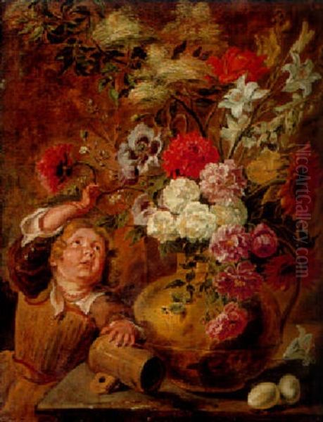 Pink And White Roses, Sunflowers, And Other Flowers In A Jug With Two Eggs On A Table, Child Nearby Oil Painting by Jan Fyt