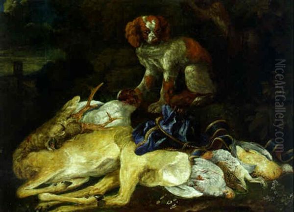 A Hunting Still Life With A Dead Stag And Gamebirds, With A Spaniel On Guard Oil Painting by Jan Fyt