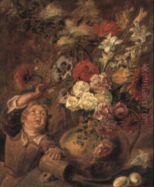 Roses And Other Flowers In A Jug With Eggs And A Cup On A Table Near A Child Oil Painting by Jan Fyt