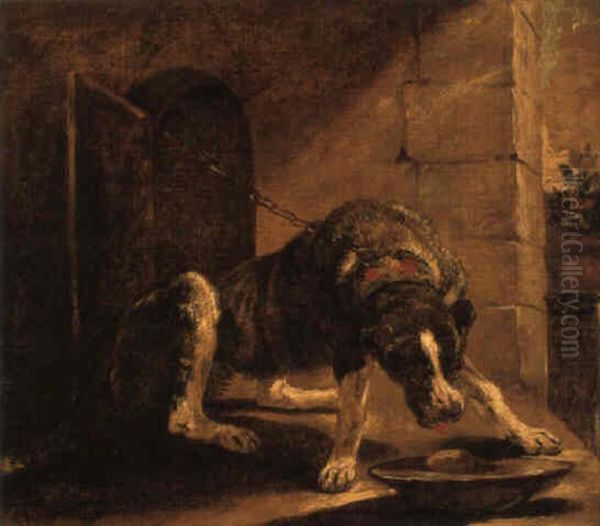 A Chained Hound Eating From A Bowl Oil Painting by Jan Fyt