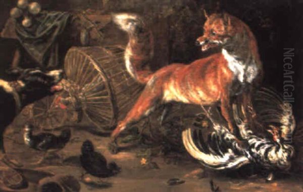 A Fox Attacking A Cockerel In A Farmyard Challenged By A Hound Oil Painting by Jan Fyt