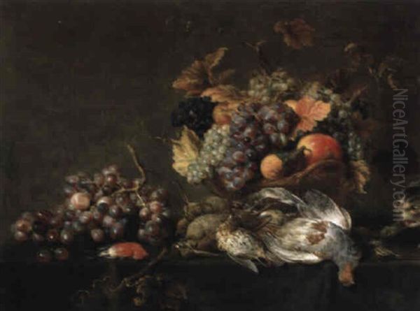 Grosses Stilleben Mit Fruchten, Vogeln Und Einer Katze Oil Painting by Jan Fyt