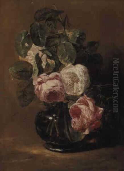 Pink And White Roses In A Glass Vase Oil Painting by Jan Fyt