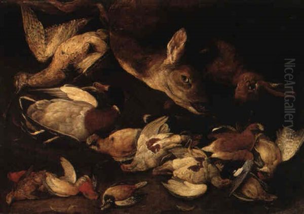 A Dead Deer, Hare, Mallard, Snipe And Song Birds On A Bank Oil Painting by Jan Fyt