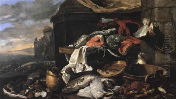 Fish, Oysters And Other Seafood With A Cat At The Base Of A Column Oil Painting by Jan Fyt