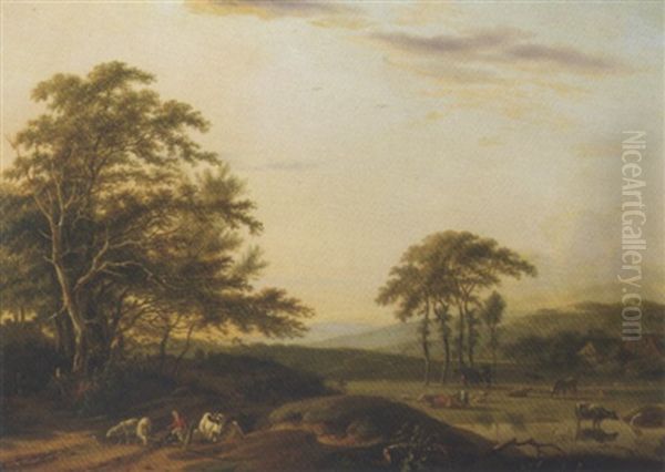 An Italianate River Landscape With A Shepherd And Cattle Oil Painting by Pieter Gaal