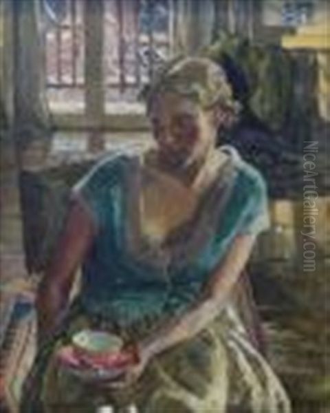 Portrait Of Seated Woman With Tea Cup In Hand Oil Painting by Ethel Gabain