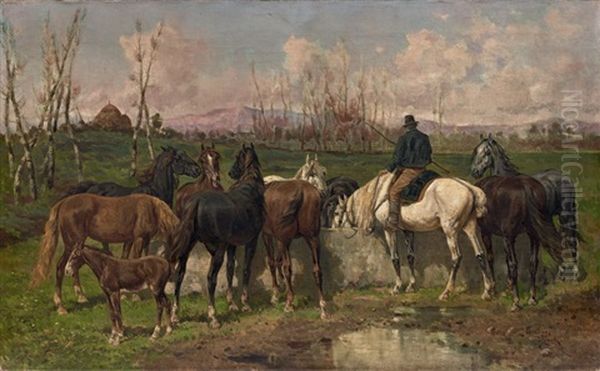 Chevaux A L'abreuvoir Oil Painting by Giuseppe Gabani