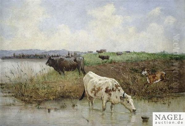 River Landscape With Cows Oil Painting by Giuseppe Gabani