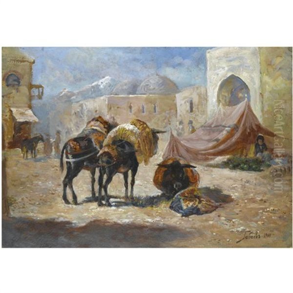 Donkeys At Rest Oil Painting by Georgy Gabashvili