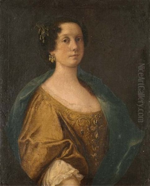 Portrait Of A Noblewoman In A Jeweled Silk Dress And Green Shawl Oil Painting by Anton Domenico Gabbiani