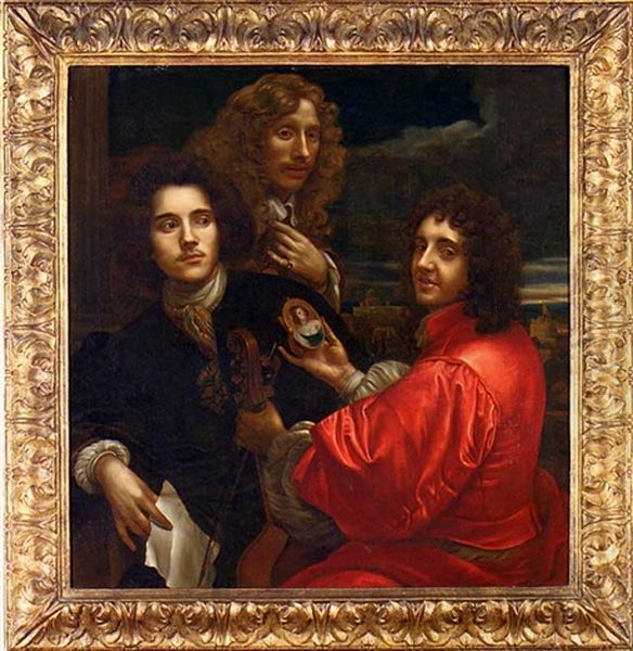 Group Portrait Of Three Gentlemen, One In A Red Doublet Holding A Viola Da Gamba In One Hand And A Miniature Portrait In The Other, The Second In A Brown Coat With A Silver Cravat, Holding A Letter... Oil Painting by Anton Domenico Gabbiani