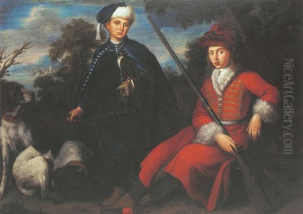 Portrait De Ferdinando De Medici Accompagne De Son Frere Gian Gastone En Tenue De Chasse Oil Painting by Anton Domenico Gabbiani